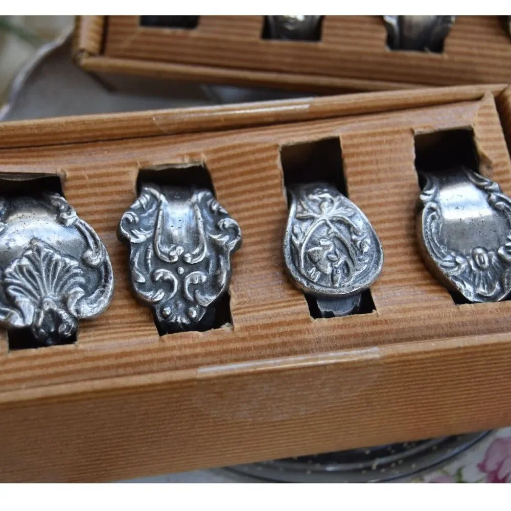 Pottery Barn Victorian Napkin Rings Silver Tone Set of 8 Boxed Ornate